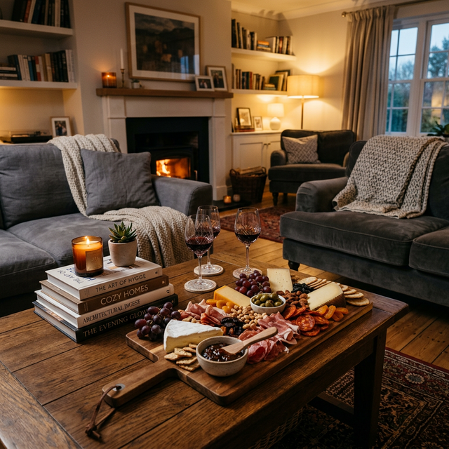 A coffee table spread with books and wine